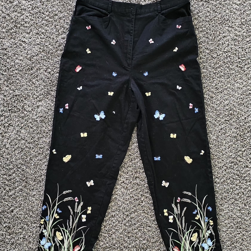 Talbots Black Stretch Pants with Multicolor Floral Embroidery